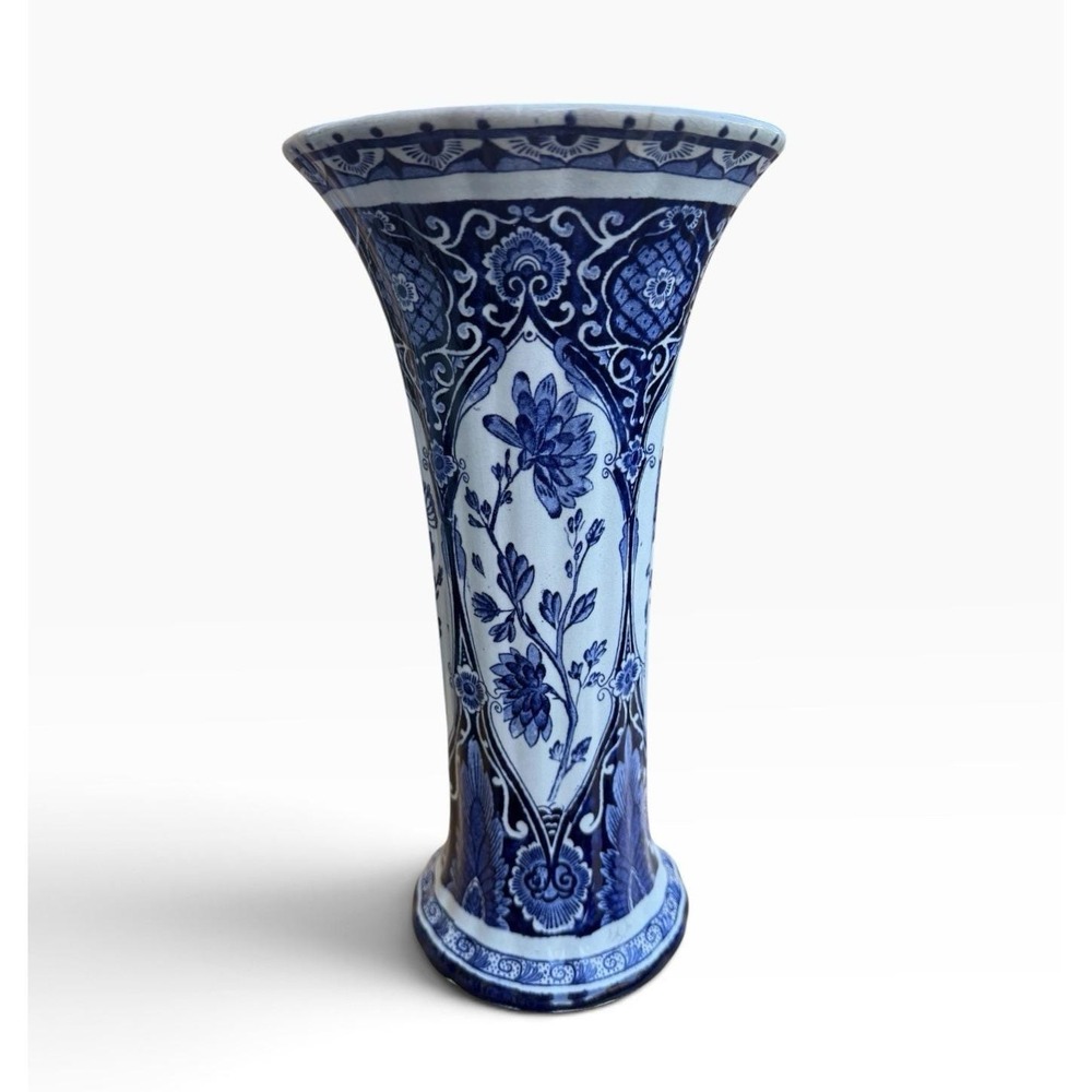 Delfts Vase 12" Blue and White Floral Chinoiserie by Boch Frères - Repaired